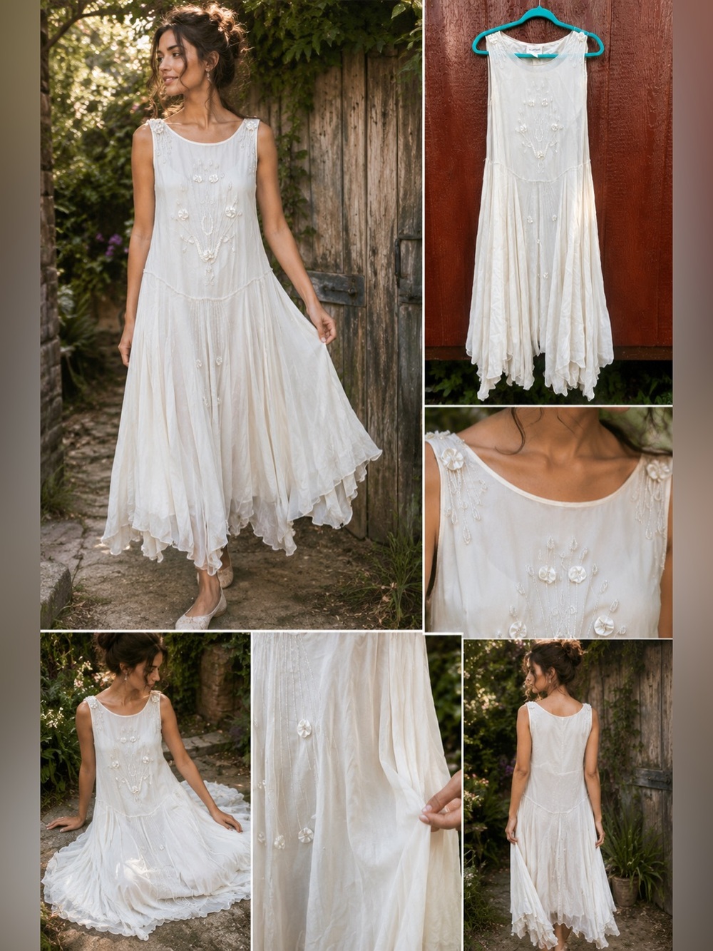 April Cornell White Beaded Dress Romantic Cottagecore Fairycore Sleeveless